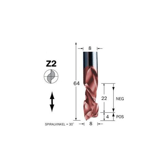 Cobolt 60-153MC Spiralfräs D=8, L=22, TL=64, Z=2