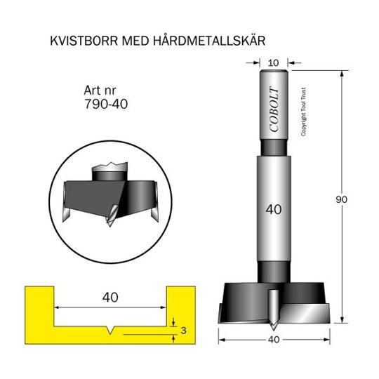 Cobolt 790-40 Kvistborr för borrning i hårt slitande material Skärdiameter 40 mm