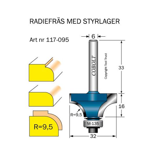 Cobolt 117-095 Avrundningsfräs med bottenmonterat styrlager Radie 9,2 mm