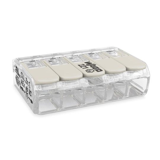Wago 221-485 Kopplingsklämma transparent, med låsspak 5 klämpositioner, 25--pack