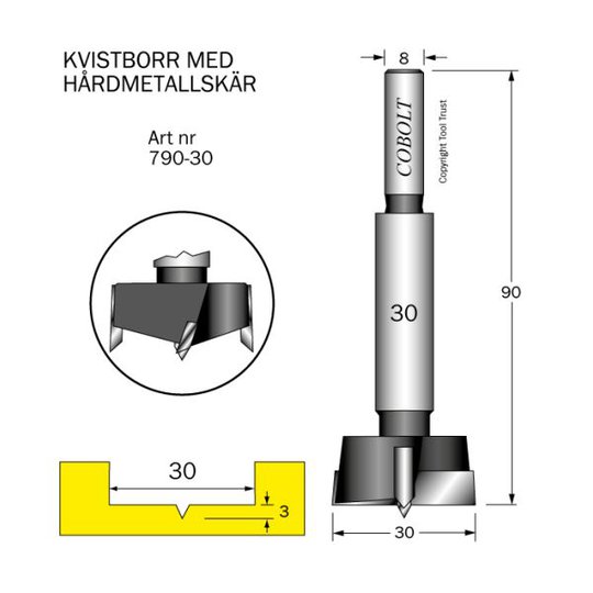 Cobolt 790-30 Kvistborr för borrning i hårt slitande material Skärdiameter 30 mm