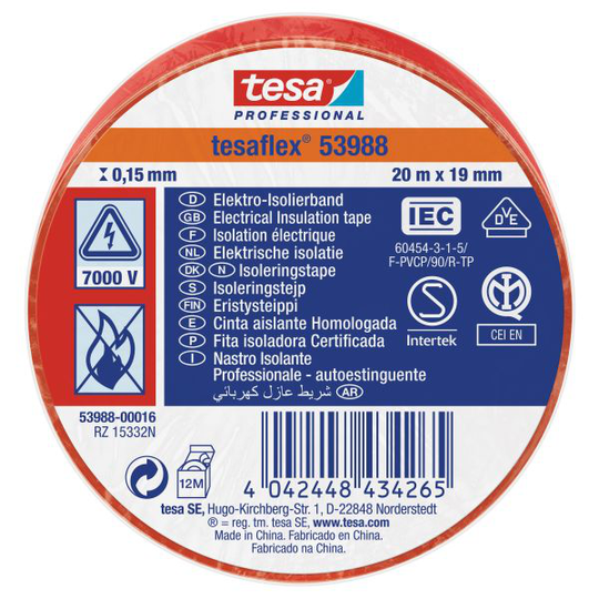 Tesa Tesaflex 53988 Isoleringstejp röd, 20 m x 19 mm