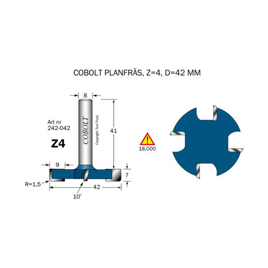 Cobolt 242-042 Planfräs D=42 Z=4 R=1,5 L=7