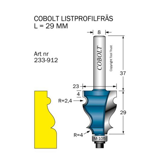 Cobolt 233-912 Listprofilfräs med bottenmonterat styrlager