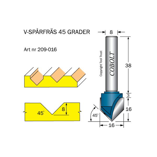 Cobolt 209-016 V-spårsfräs 45° D=16 L=8 TL=53 S=8