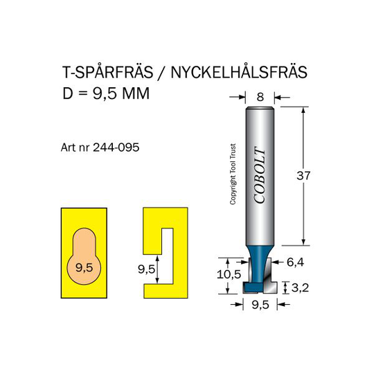 Cobolt 244-095 T-spårsfräs D=9,5/6,4 L=10,5 TL=52 S=8