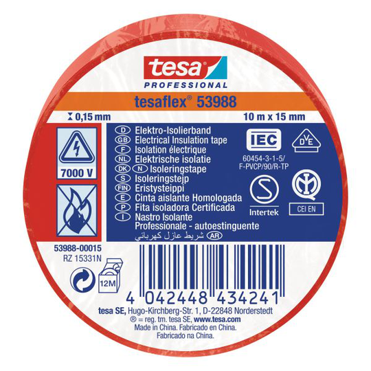 Tesa Tesaflex 53988 Isoleringstejp röd, 10 m x 15 mm