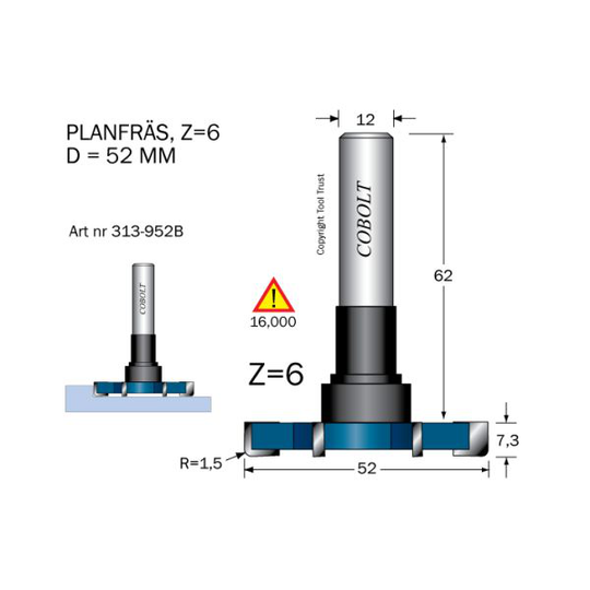 Cobolt 313-952B Planfräs D=52 Z=6 R=1,5 L=7,3