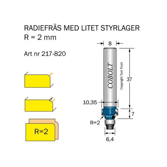 Cobolt 217-820 Avrundningsfräs med bottenmonterat styrlager Radie 2 mm