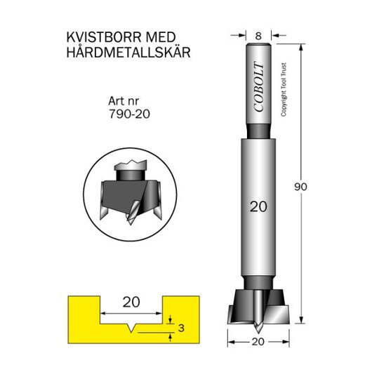 Cobolt 790-20 Kvistborr för borrning i hårt slitande material Skärdiameter 20 mm