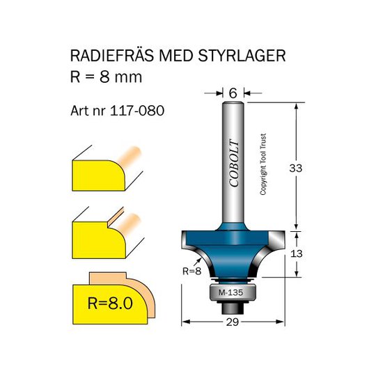 Cobolt 117-080 Avrundningsfräs med bottenmonterat styrlager Radie 8 mm